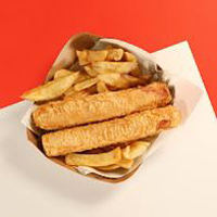 Livi Express Two large battered sausages served over a bed of golden chips in Livingston.