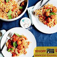 Livi Express plates of spaghetti with meatballs, tomato sauce, and basil in Livingston